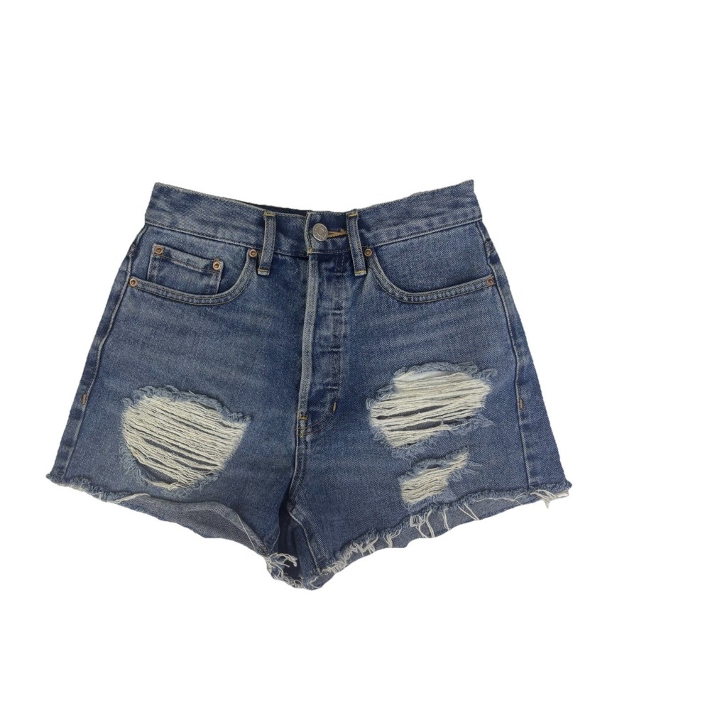 PacSun Ultra High Rise Vintage Short Sz 24 Blue Cotton Distressed‎ Button Fly